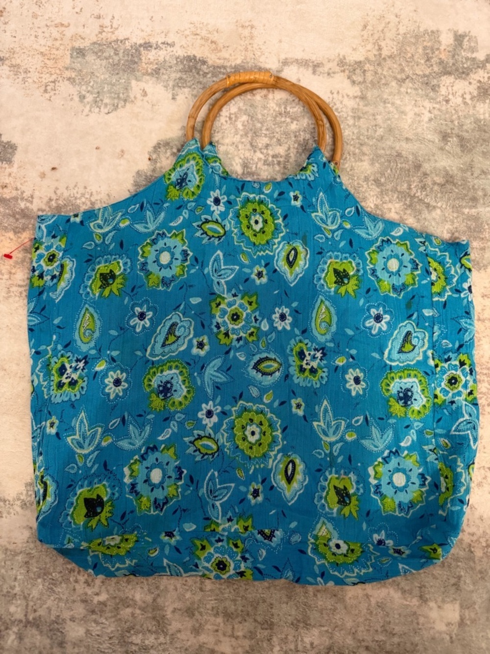 Only Necessities Turquoise Floral Tote with Bamboo Handles